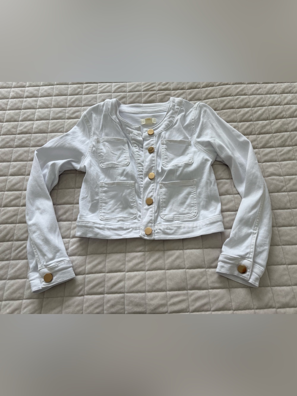 Anthropologie White Cropped Jean Jacket with Gold Buttons
